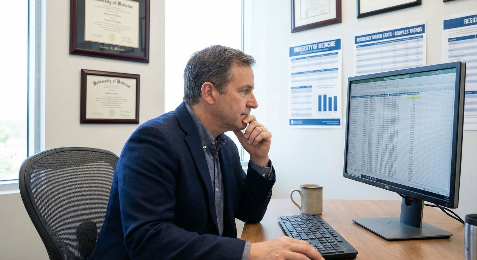 Residency program director reviewing rank list on computer -  for Are Programs Biased Against Couples Match Applicants? What