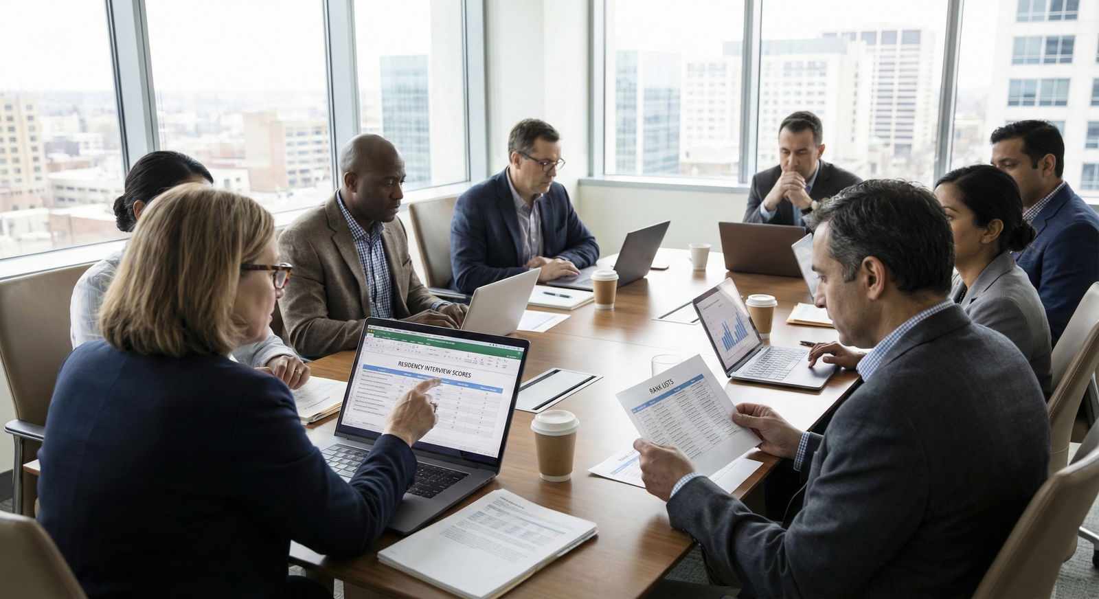 Residency program interview committee reviewing candidate scores and rank lists -  for Correlation Between Interview Scores a