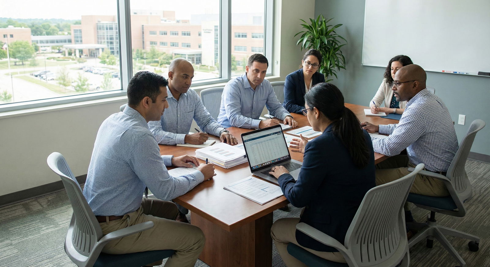 Residency program leadership in discussion at conference table -  for In a Malignant Program and Burning Out: Practical Optio