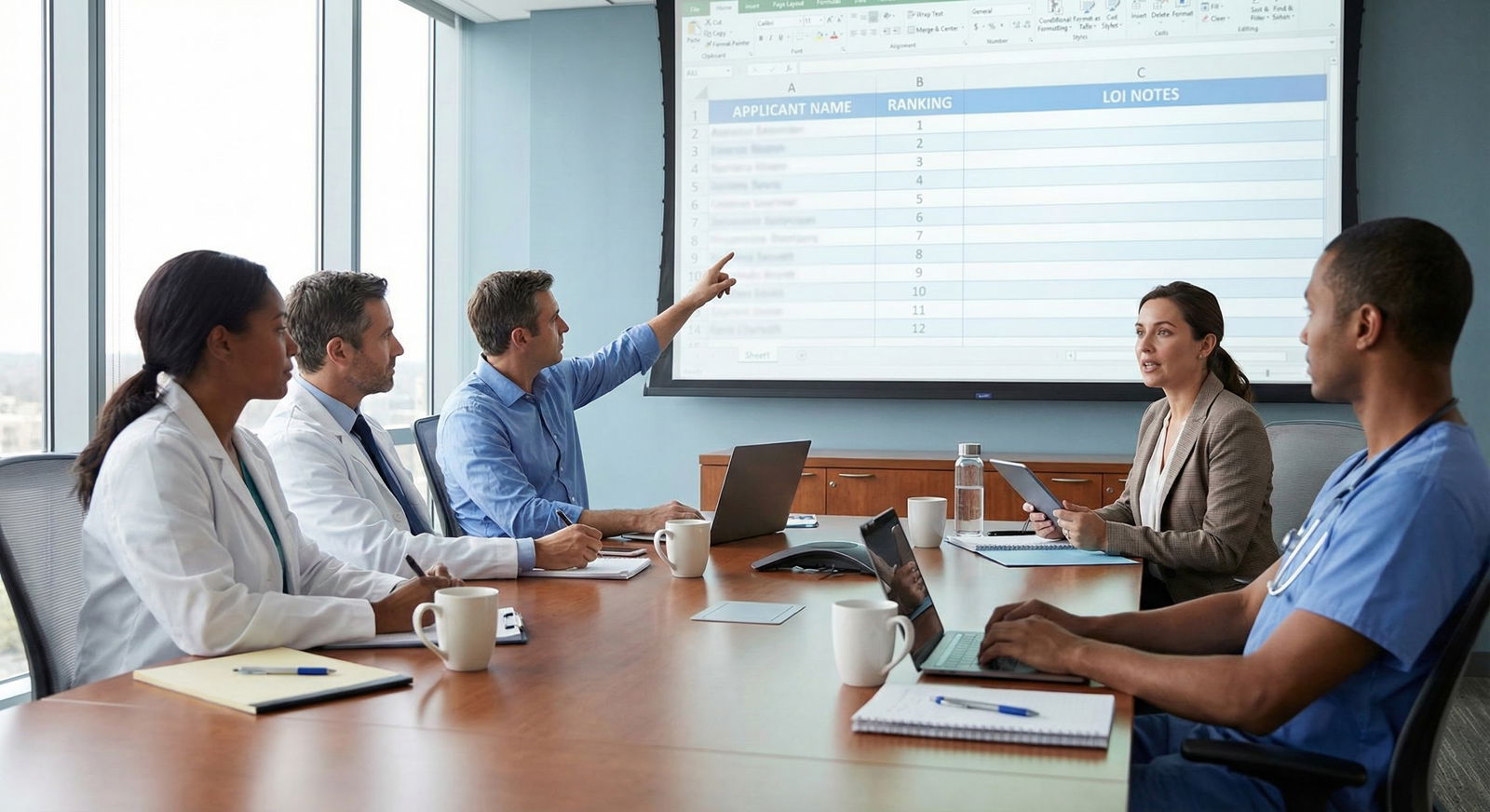 Residency selection committee meeting with applicants listed on a projected rank order -  for How Letters of Intent Are Actua