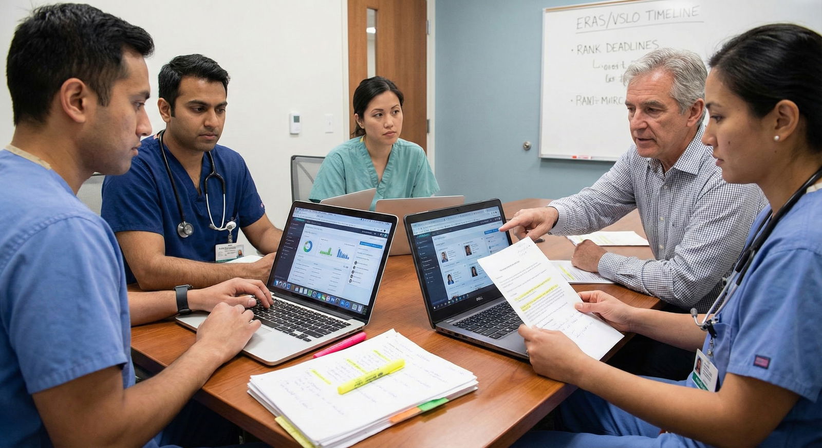 Residency selection committee reviewing ERAS applications in a conference room Residency selection committee reviewing ERAS applications in a conference room - for Coordinating ERAS Submission with VSLO