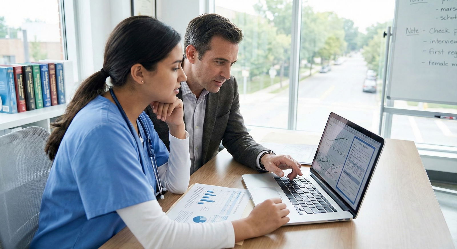 Resident and attending physician discussing performance feedback -  for Red Flag Themes in Behavioral Interviews Linked to Re