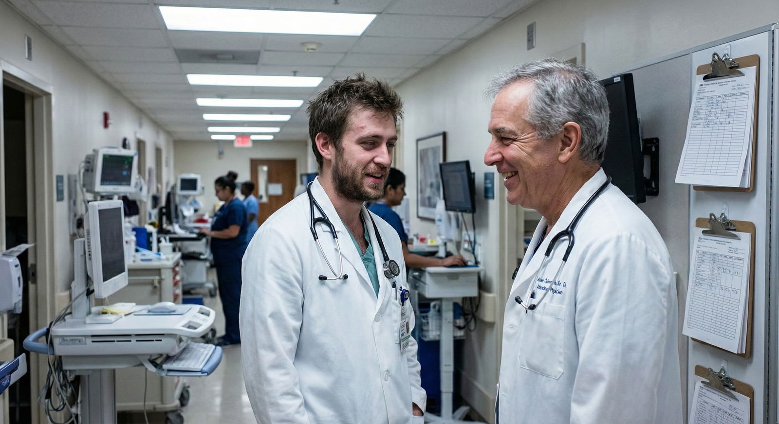 Two residents sharing a quiet supportive conversation near the nurses station -  for No, You Don’t Have to Be ‘The Funny One’