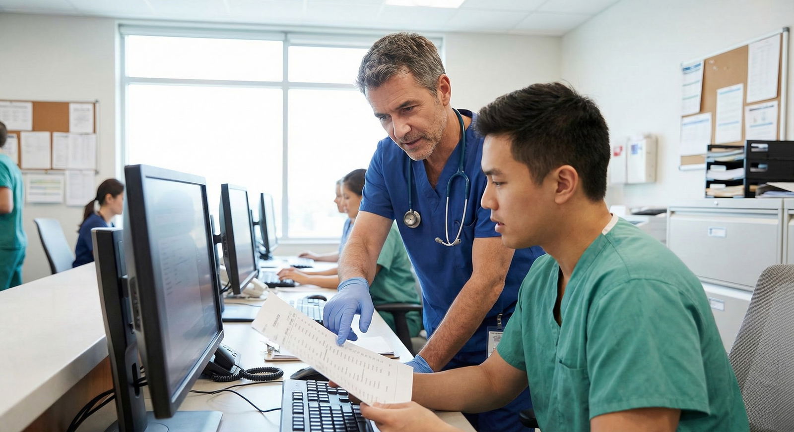Resident and intern reviewing task list together at hospital workstation -  for What If I Can’t Keep Up? Organization Strateg