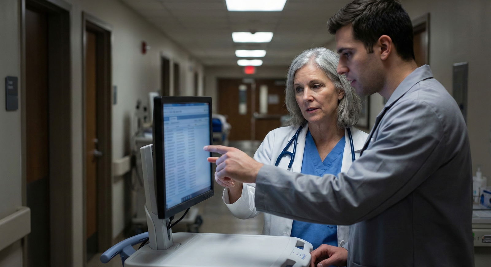 Resident and medical student discussing patient list on night shift Resident and medical student discussing patient list on night shift - for Mismanaging Call Schedules on Sub‑Is: A Quiet Kill