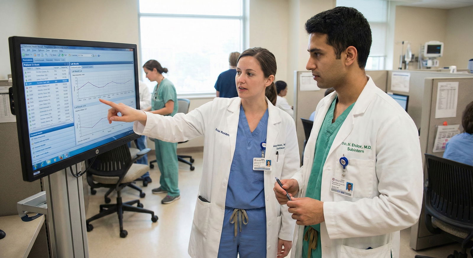 Resident and subintern reviewing patient list at workroom computer -  for How Important Are Subinternships for Building a Str