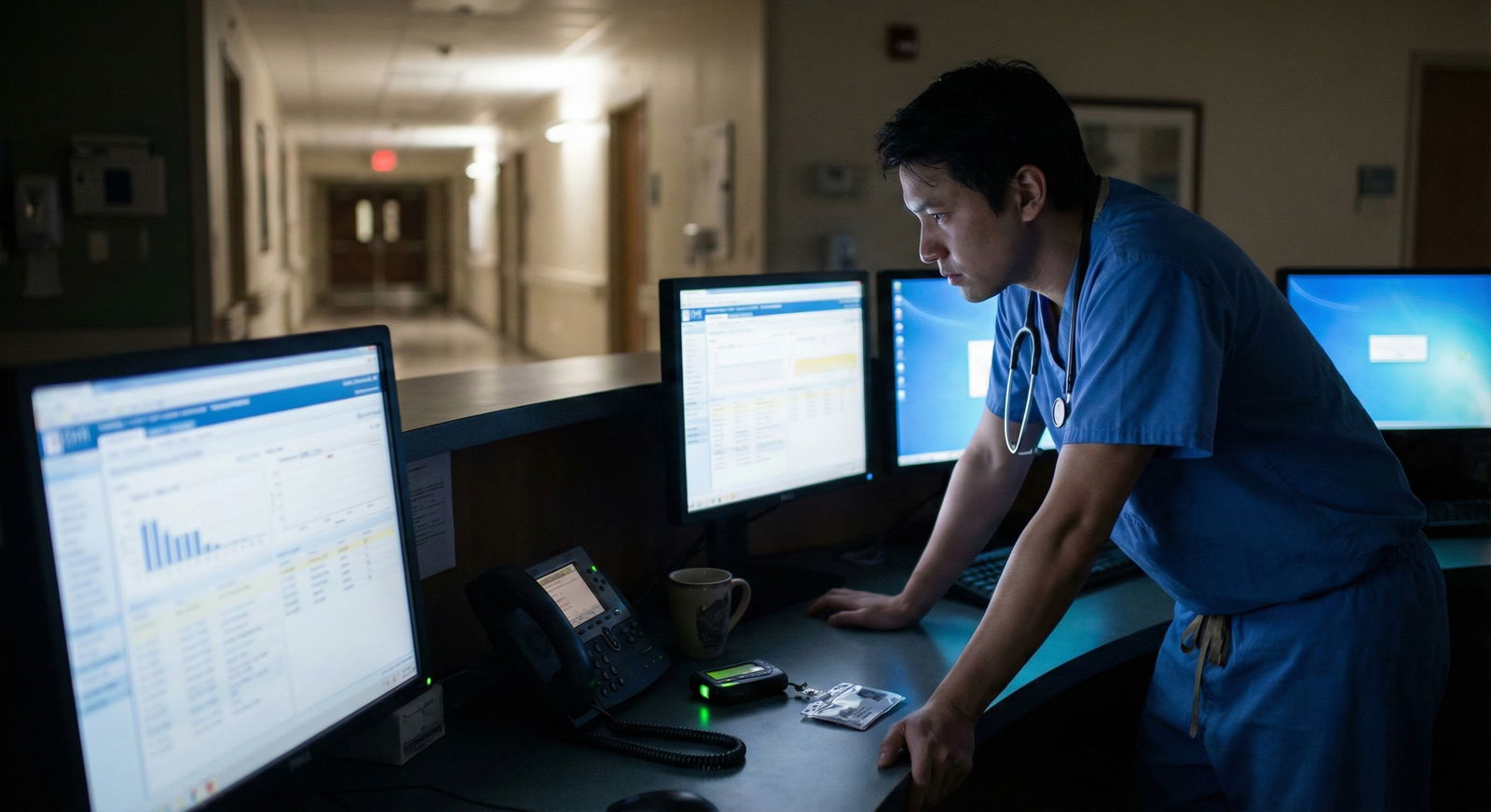 Resident physician walking through dimly lit hospital ward during overnight call -  for How Many Patients Can You Safely Cove