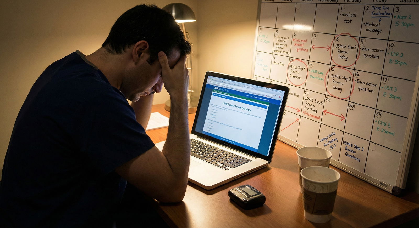 Resident anxiously looking at calendar while studying for Step 3 at night on call Resident anxiously looking at calendar while studying for Step 3 at night on call - for Scheduling Step 3 at the Wrong Time: