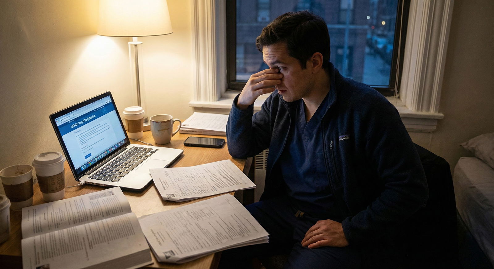 Resident anxiously reviewing Step 3 registration details late at night -  for Costly Step 3 Registration Mistakes Residents R