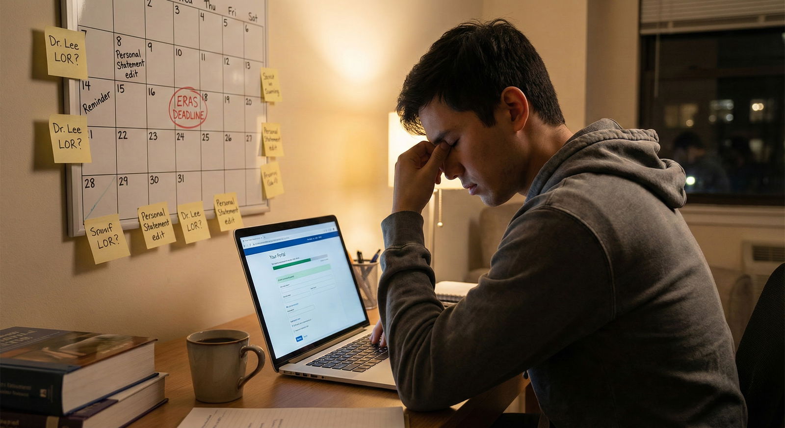 Medical student deciding ERAS submission timing on laptop -  for Optimizing ERAS Submission Date When You Have a Late Auditio