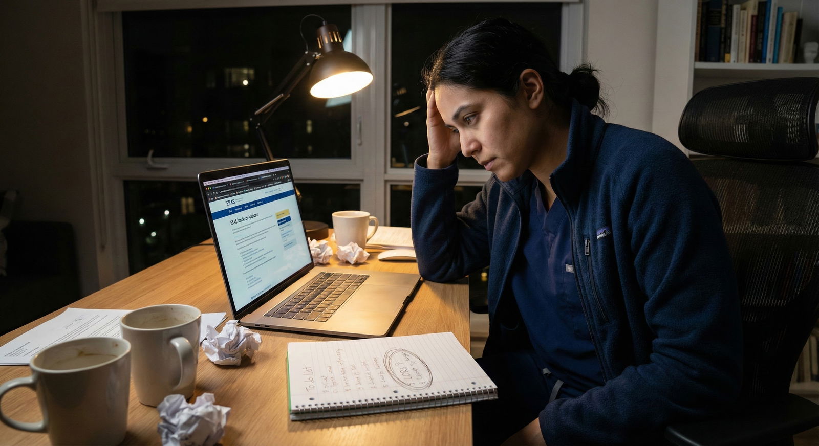 Medical resident reviewing ERAS application timing on a laptop late at night -  for Are ‘Day-One’ ERAS Submissions Overrated?