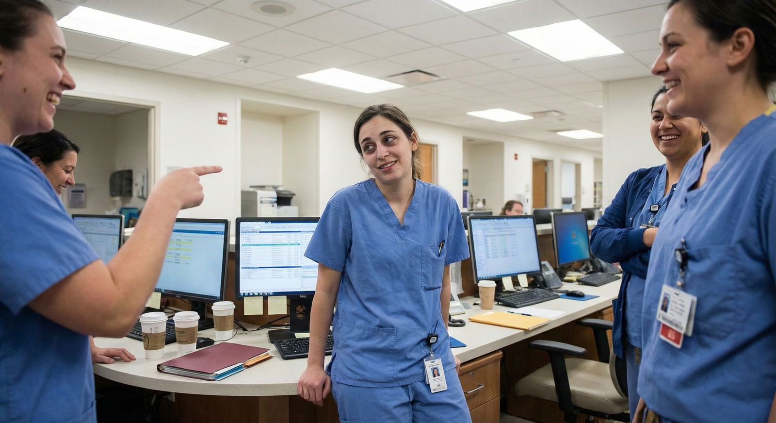 Residents and attendings in a hospital conference room during morbidity and mortality conference -  for Is It Okay to Laugh D