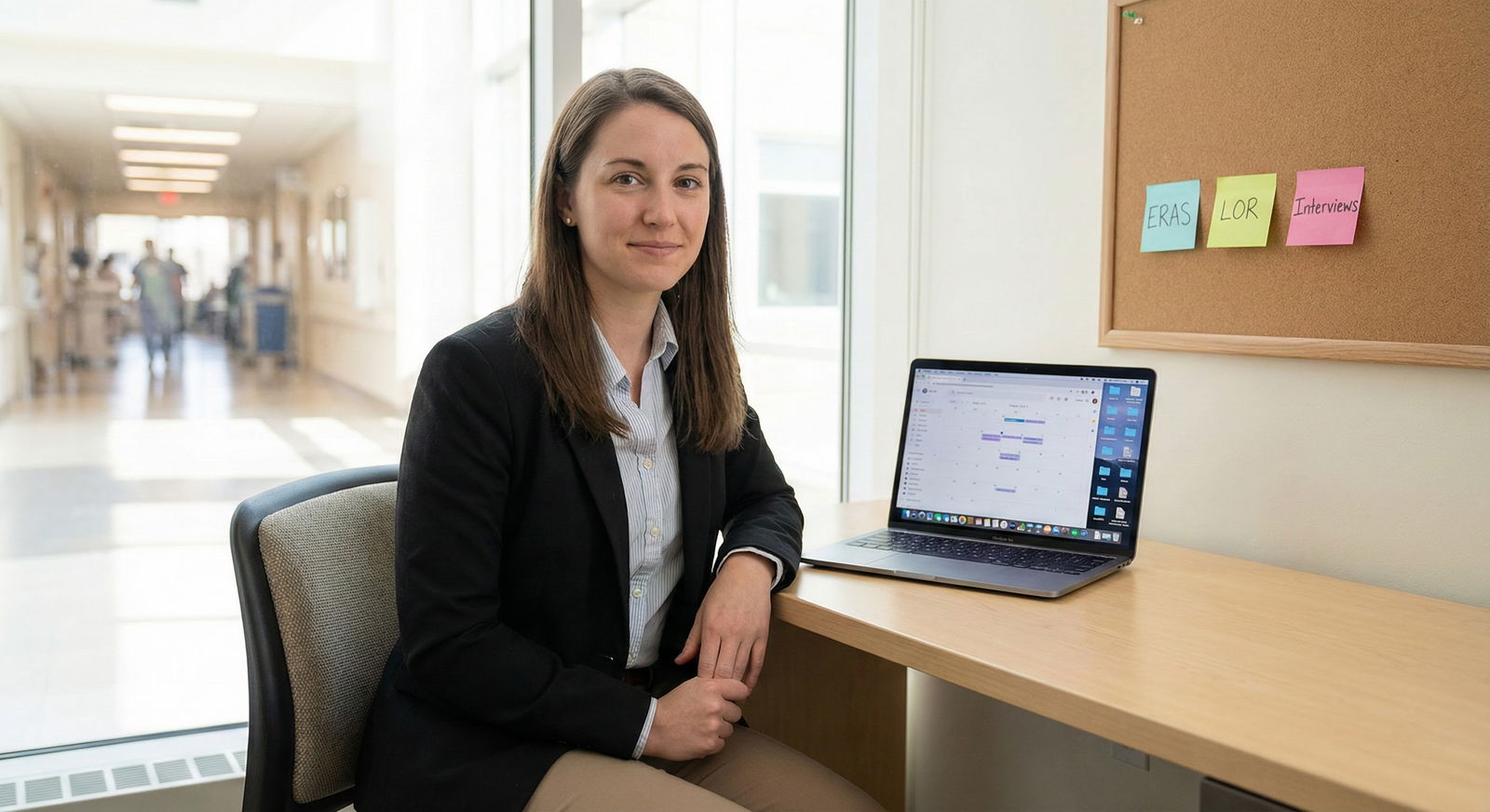 Resident candidate preparing for residency interview season, reviewing letters of recommendation timeline on laptop Resident candidate preparing for residency interview season, reviewing letters of recommendation timeline on laptop - for In