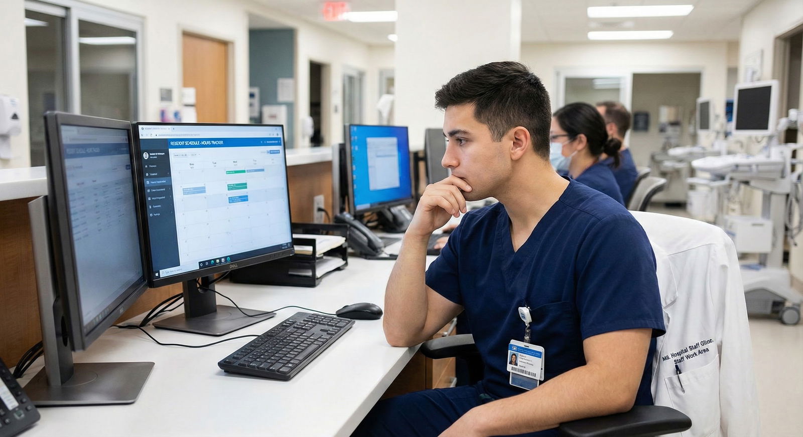 Resident checking work hour log on computer -  for Can You Say No to Extra Shifts Without Hurting Your Evaluation?