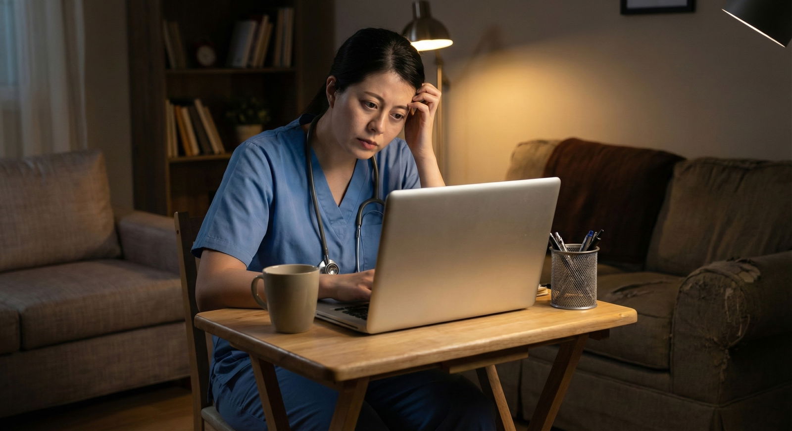 Resident completing online duty hour log at home -  for Can Work Hour Concerns Affect Your Board Eligibility or Graduation?