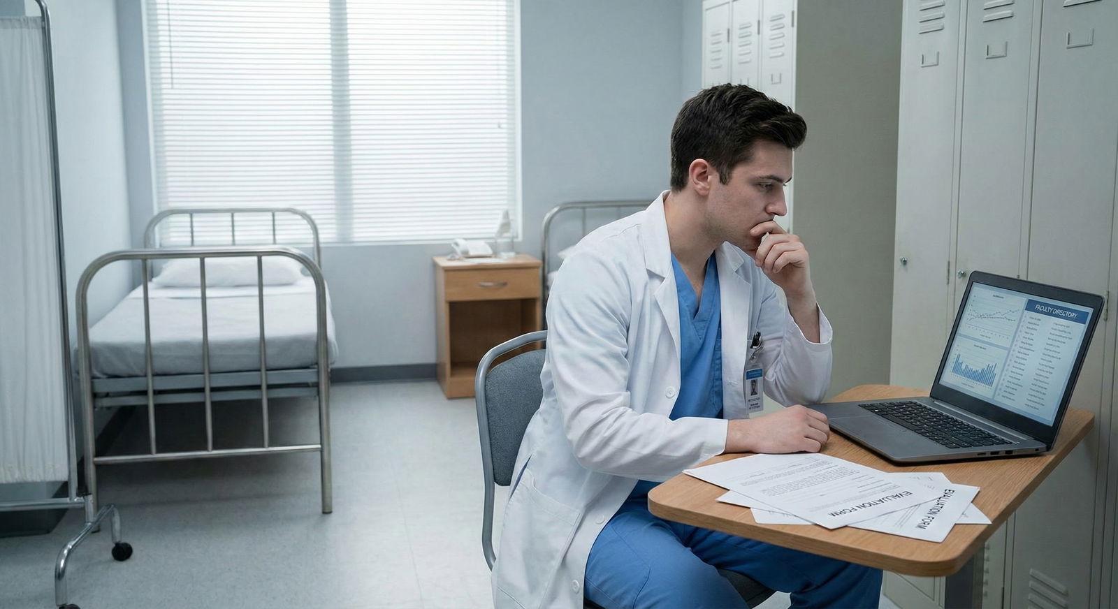 Medical student organizing printed letters of recommendation into a keep and discard pile -  for One Too Many: Overloading ER