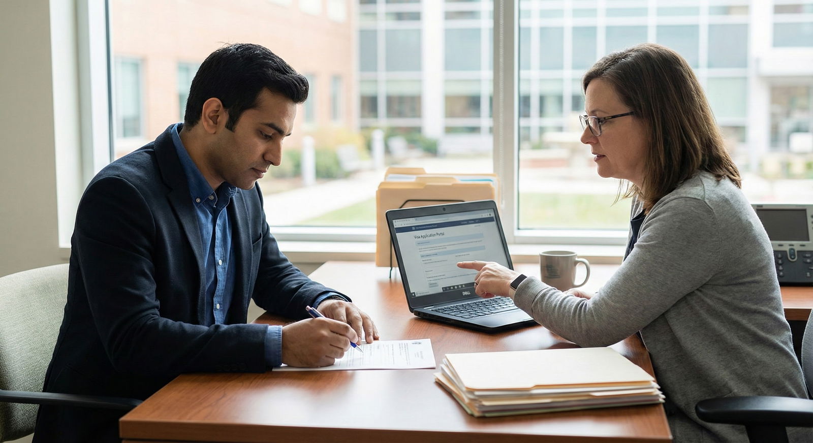 Resident consulting with immigration advisor about visa paperwork -  for The Personal Statement Visa Mistakes That Scare Off