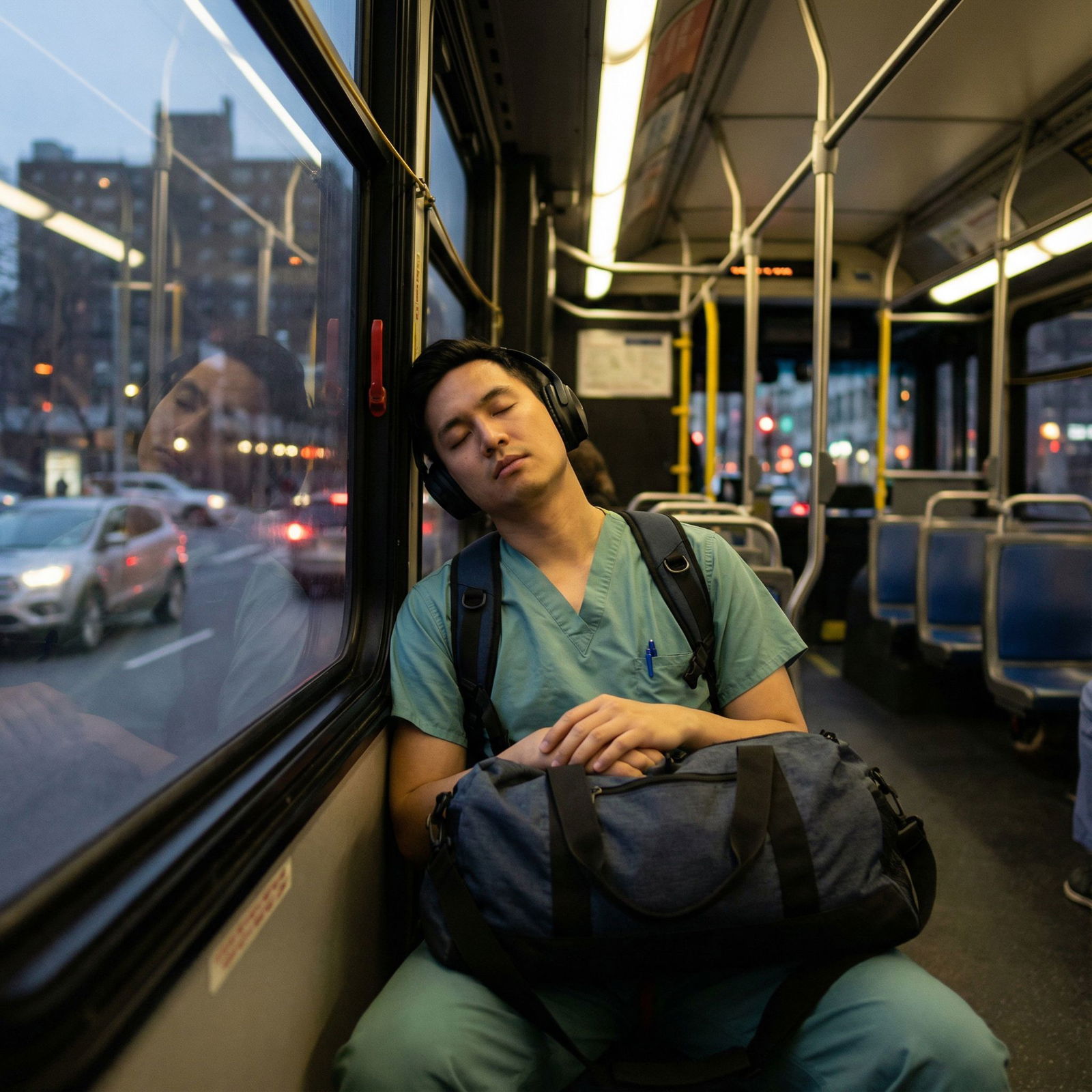 Resident decompressing on evening bus ride -  for Optimizing Commuting Time in Residency for Learning and Recovery