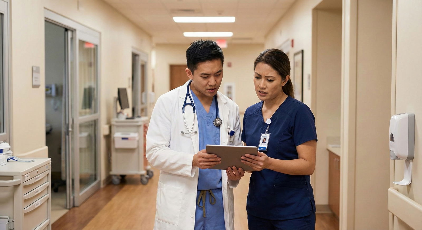 Resident discussing concerns with a nurse outside a patient room -  for Worried You’ll Drop the Ball on a Sick Patient? Creat