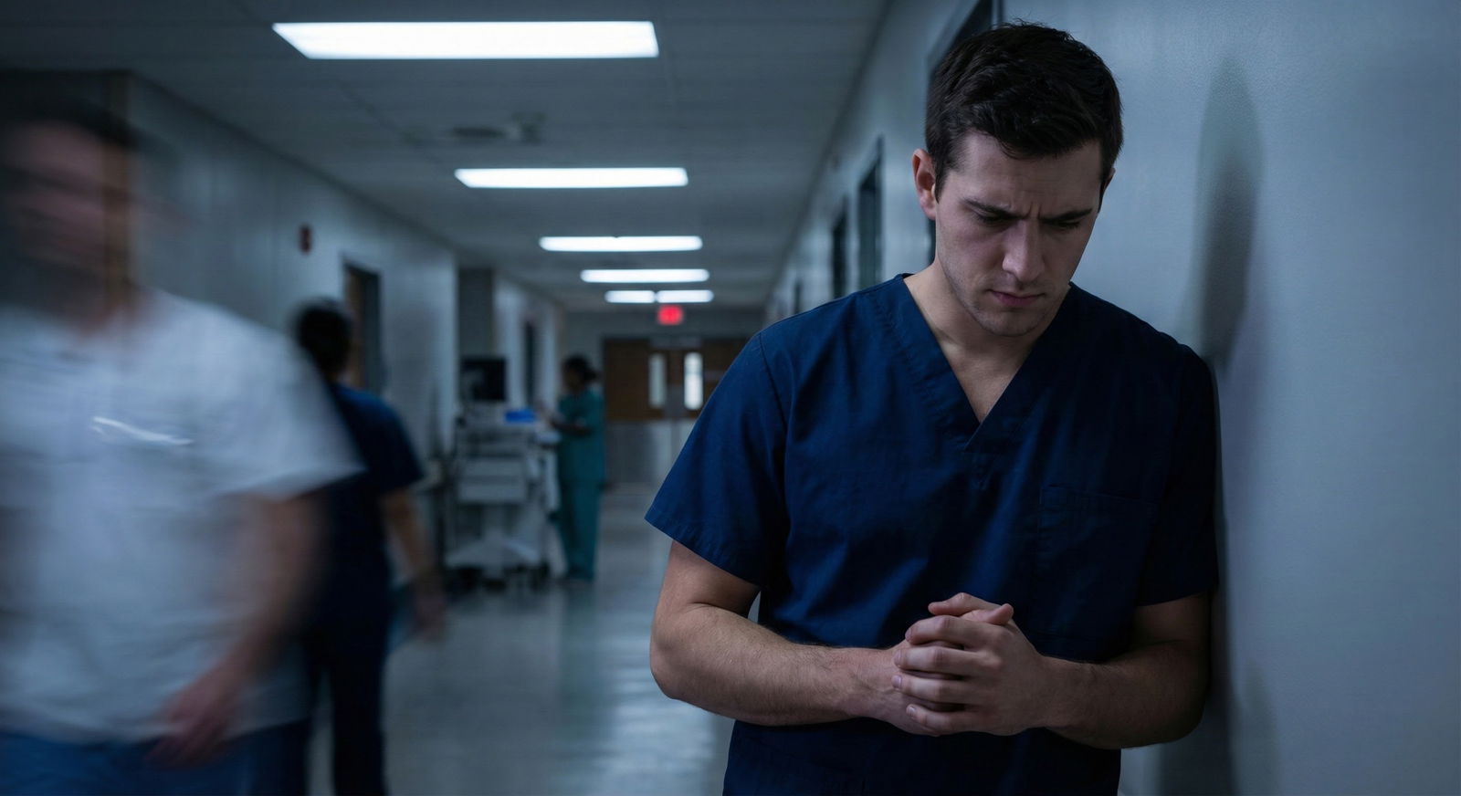 Resident doctor alone in a hospital hallway, looking uncertain Resident doctor alone in a hospital hallway, looking uncertain - for Imposter Syndrome in ‘Easy’ Specialties: Feeling Like Y