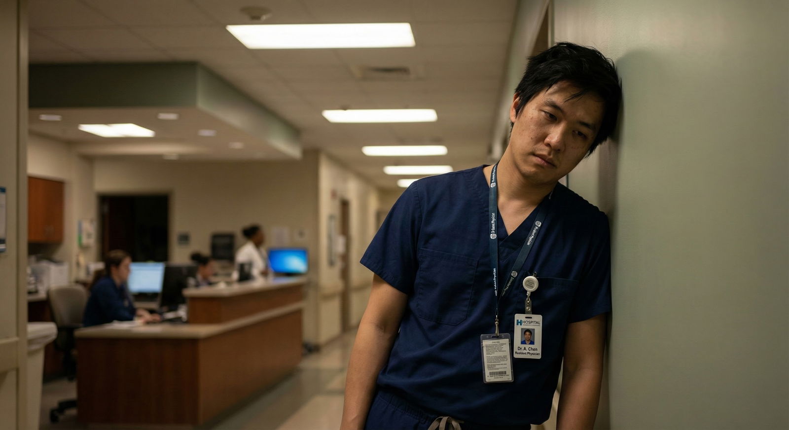 Resident doctor on night shift looking exhausted in hospital corridor -  for If You’re on a Visa and Burning Out: What You Ca