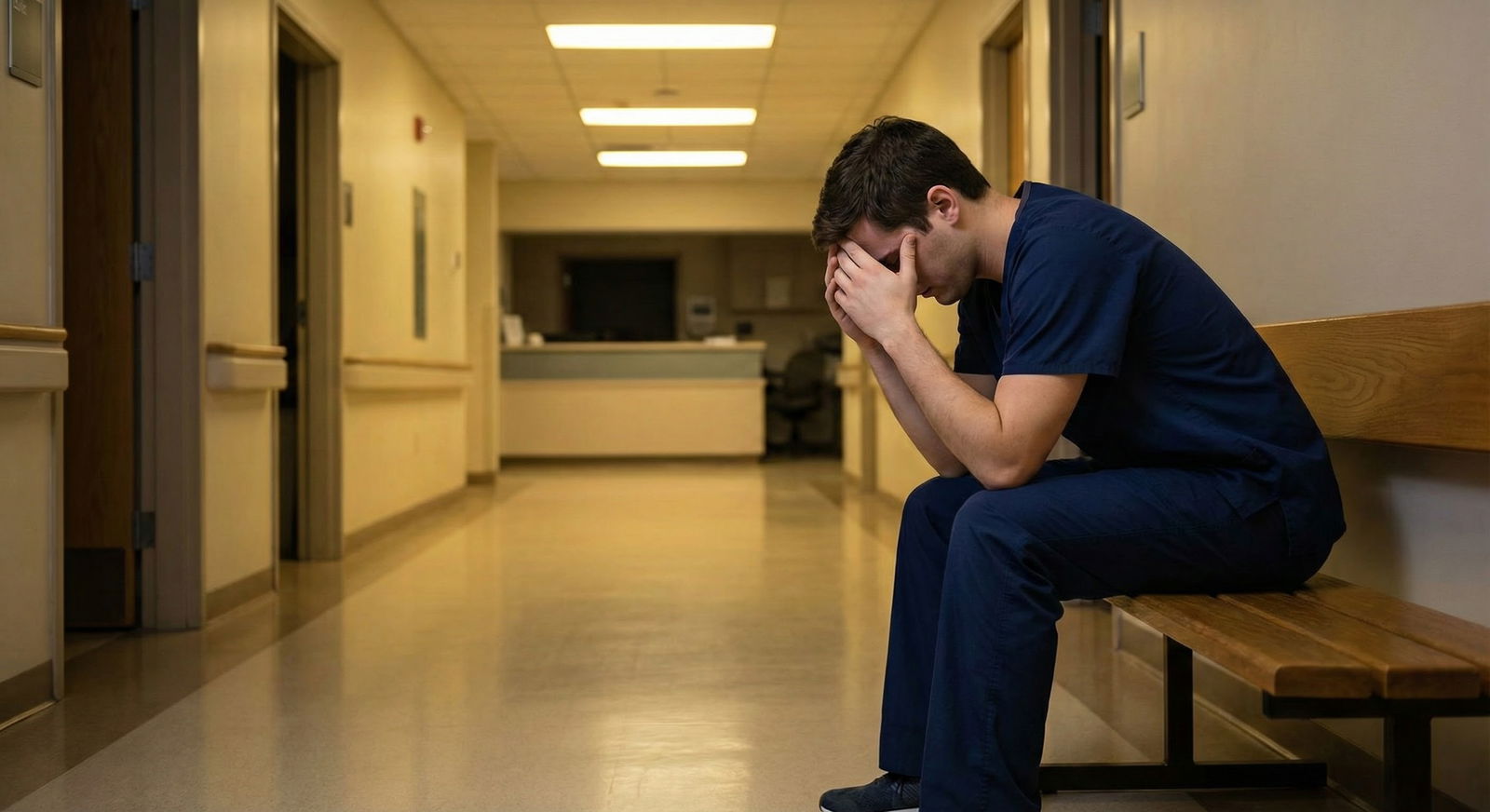 Resident doctor sitting in hallway looking exhausted -  for What Type of Therapist Is Best for Med Students and Residents?