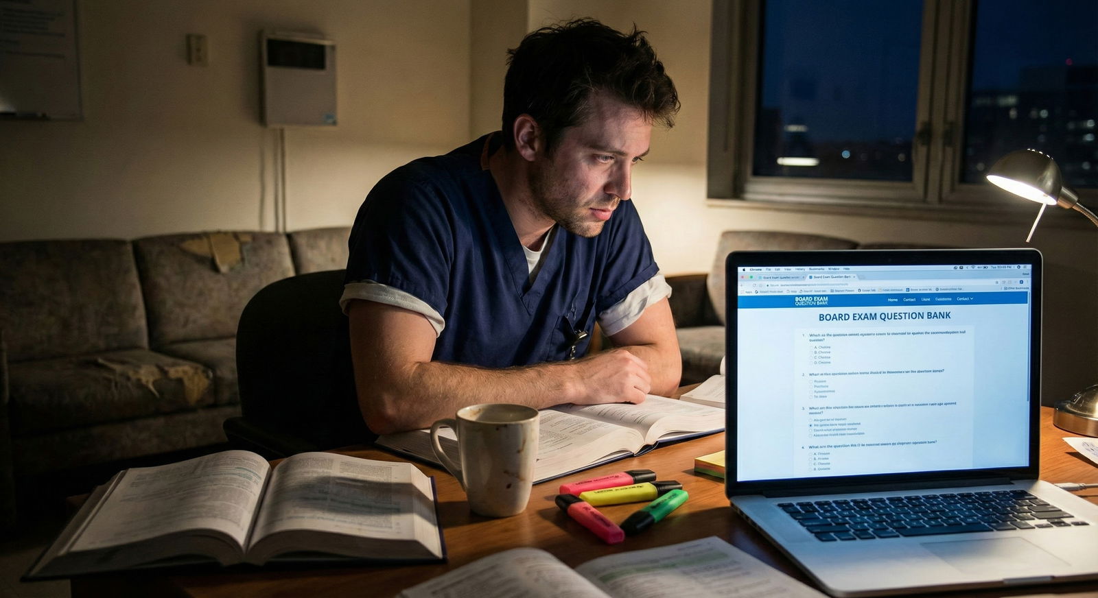 Resident doctor studying for board exams late at night -  for Can I Still Get a Job If I Haven’t Passed My Boards Yet? Creden