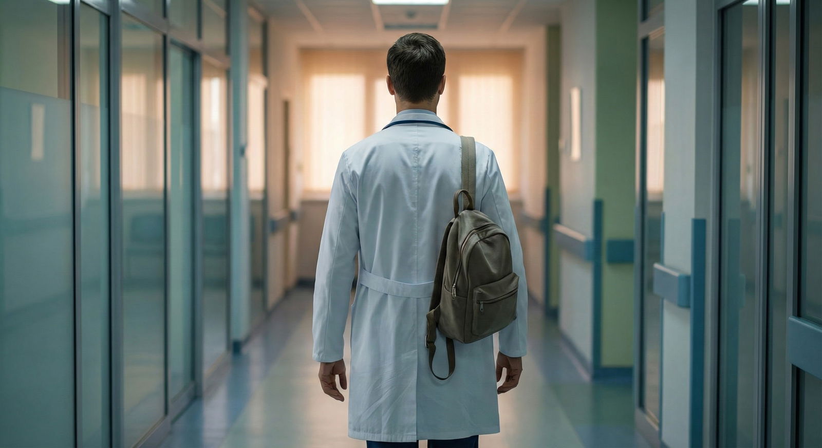 Resident doctor walking down hospital corridor, back view, symbolizing second chance -  for Worried You “Missed Your Chance”