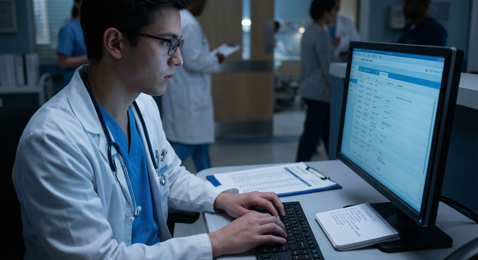 Resident doctor writing structured notes at a workstation -  for If Your Senior Is Disorganized: How to Create Your Own Safet