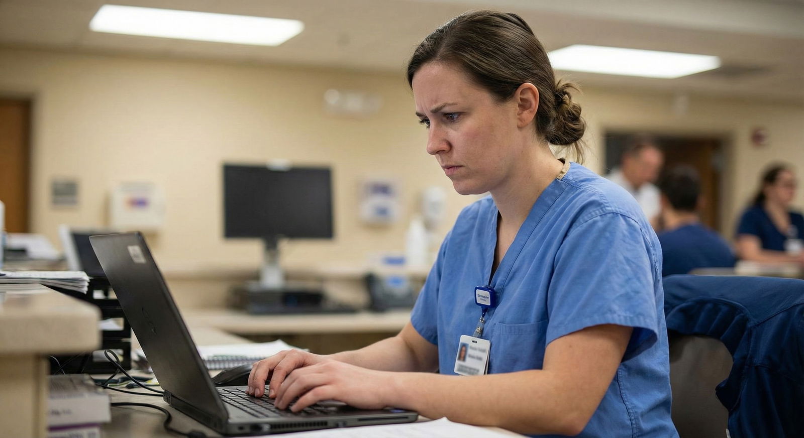 Resident documenting communication issues on laptop at a hospital workstation -  for How to Document Problematic Communicatio