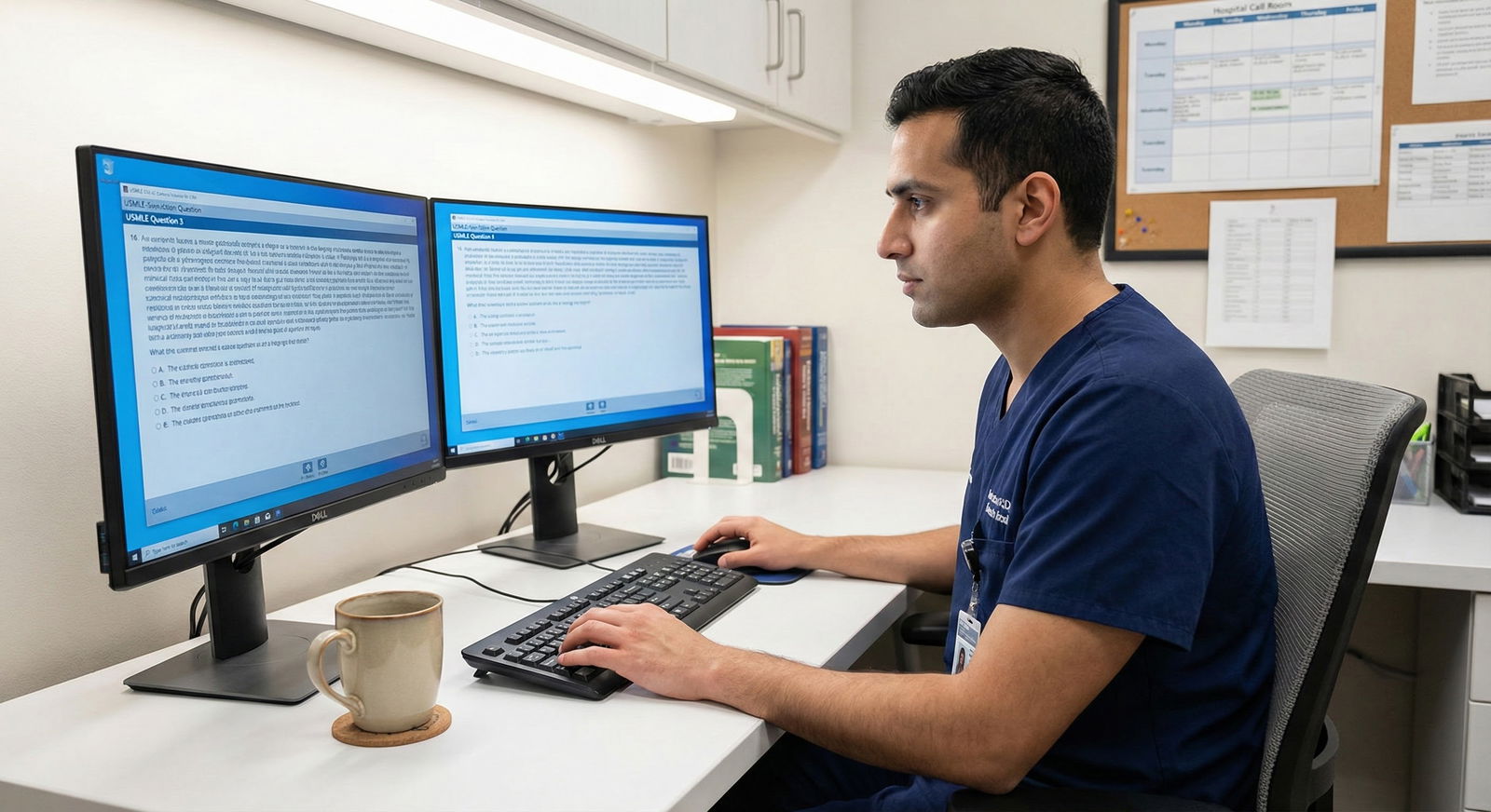 Medical resident studying for USMLE Step 3 at a desk with question bank open on laptop -  for How Many Questions Should I Com