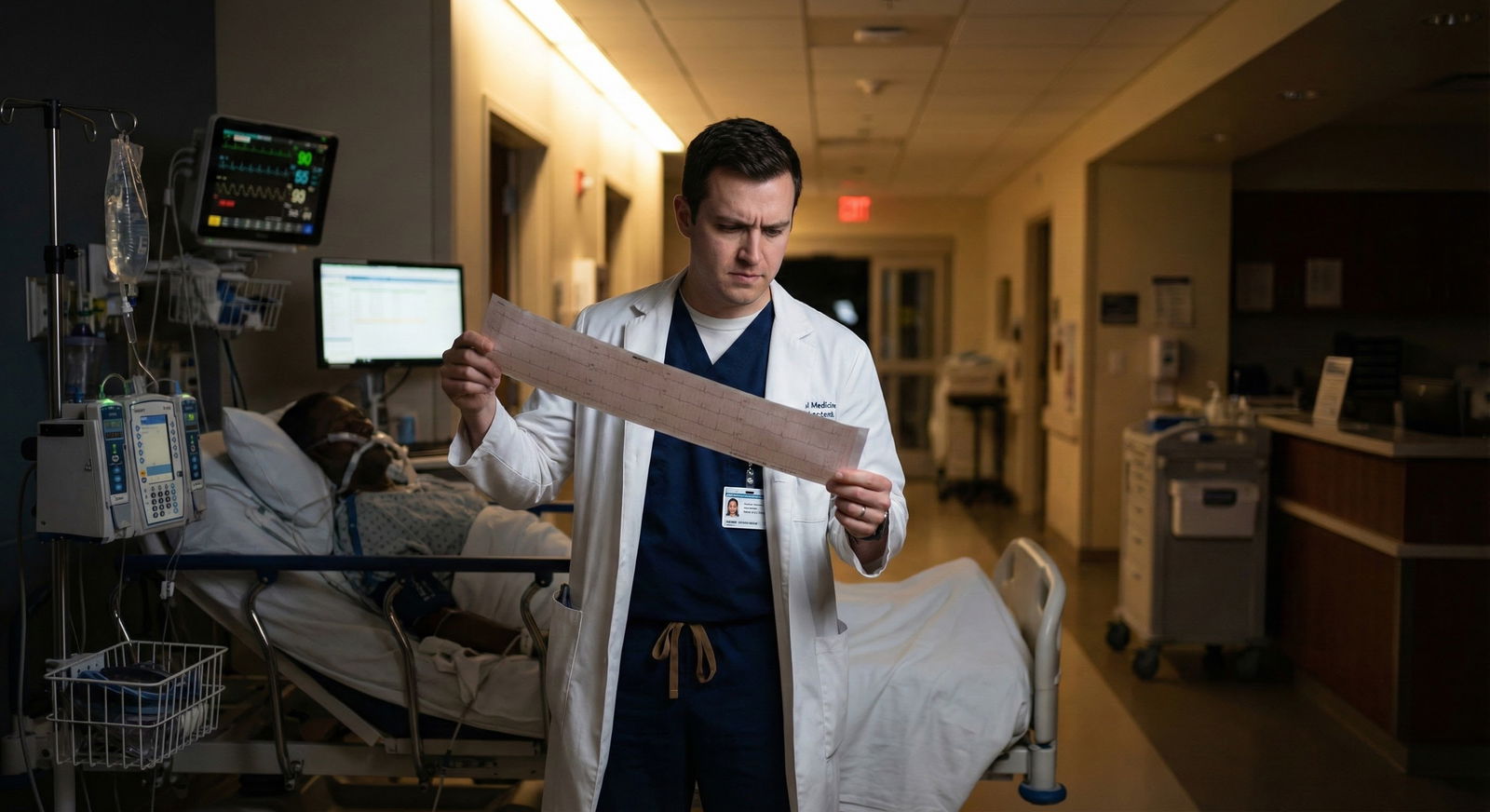 Resident evaluating a patient with chest pain on a hospital ward at night -  for How Aggressively Should You Work Up Chest Pa