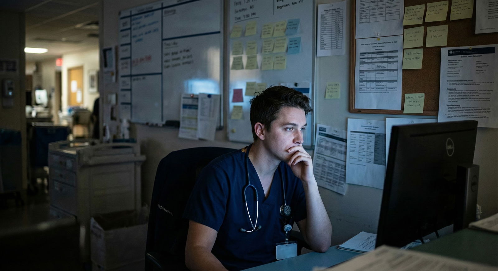 Resident evaluating work environment on night shift -  for In a Malignant Program and Burning Out: Practical Options and Exit