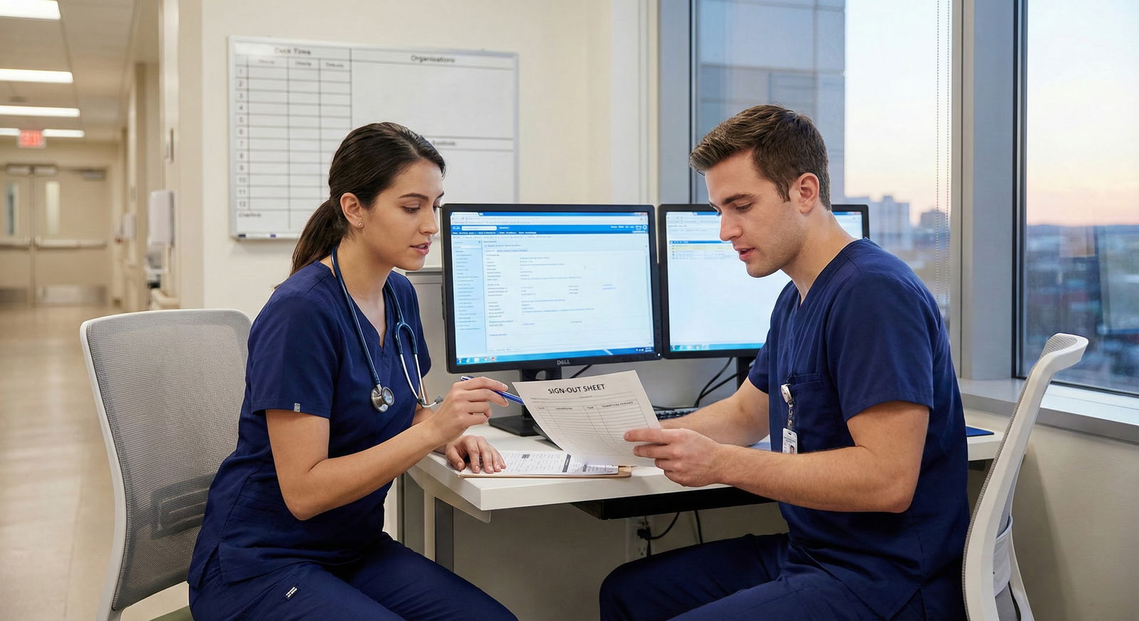 Resident handing over sign-out to cross-cover colleague -  for What If I Forget Orders or Tasks? Systems to Catch Your Own Mi