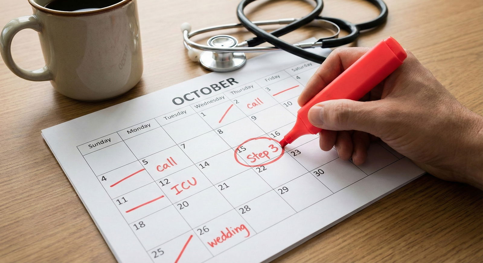 Resident highlighting red flags on a printed calendar with Step 3 date circled Resident highlighting red flags on a printed calendar with Step 3 date circled - for Scheduling Step 3 at the Wrong Time: Hi