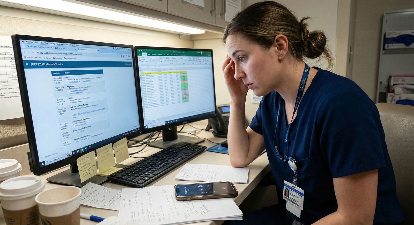 Medical resident in uniform reviewing residency program lists -  for Military or Civilian Backup? Calibrating Program Numbers