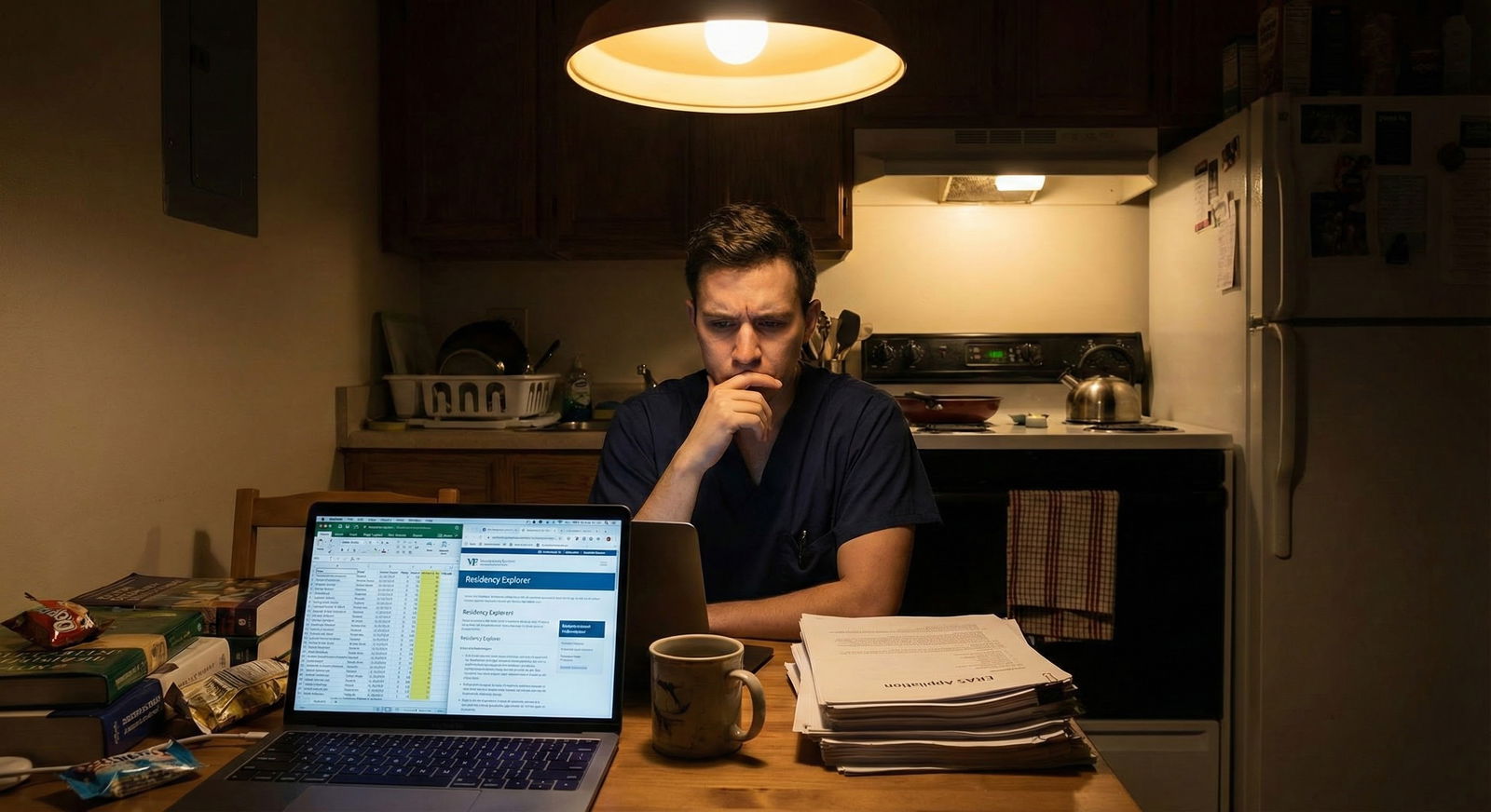 Resident late at night calculating residency applications on laptop -  for Low Score + No Research: How Many Programs to Appl