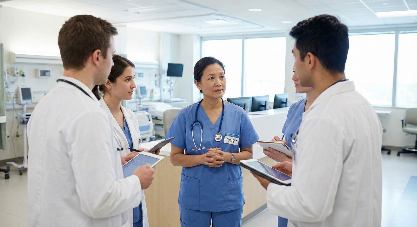 Resident leading a team huddle mindfully -  for PGY‑1 to PGY‑3: How Your Mindfulness Practice Should Evolve Each Year