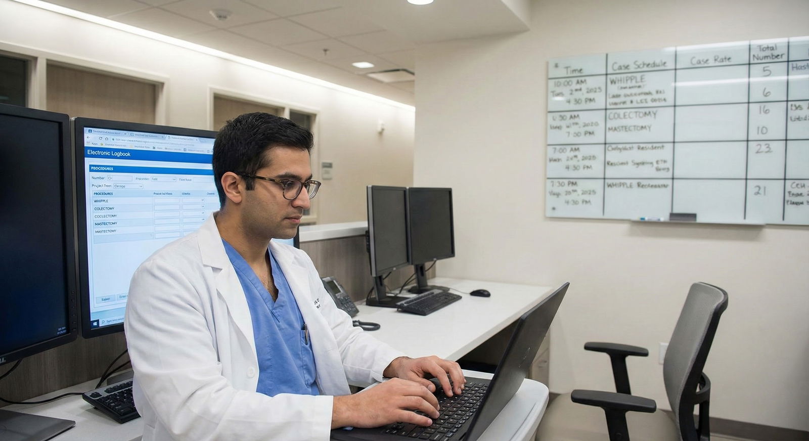 Surgical resident sitting alone in a quiet hospital stairwell, looking stressed but thoughtful -  for Terrified of Malignant