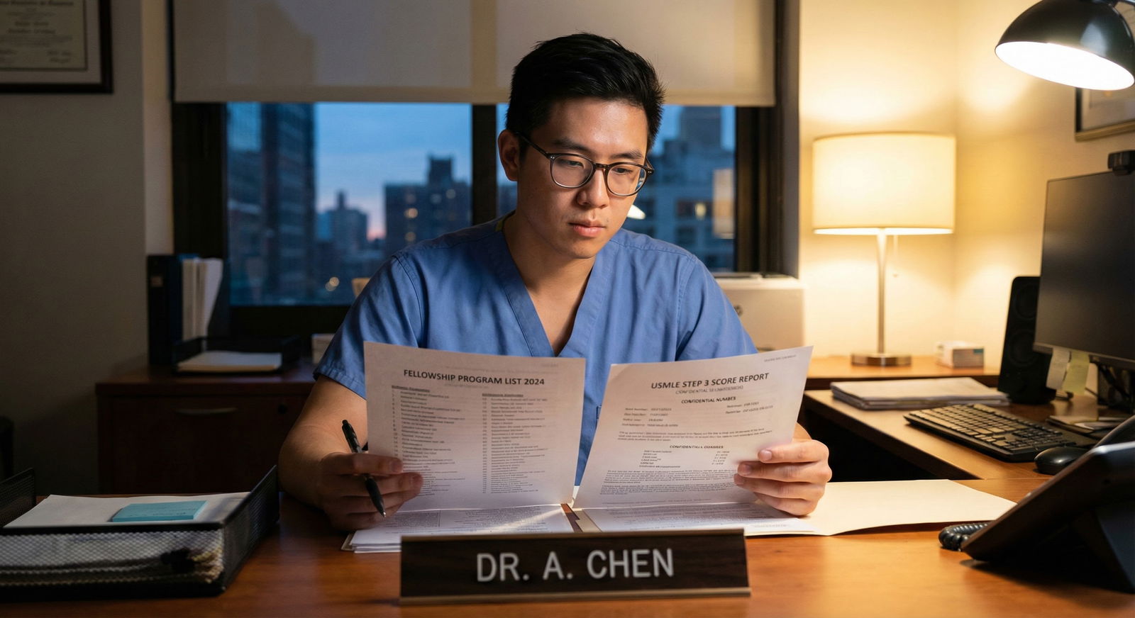 Resident looking at fellowship program list and Step 3 score -  for How Step 3 Scores Quietly Influence Fellowship Doors