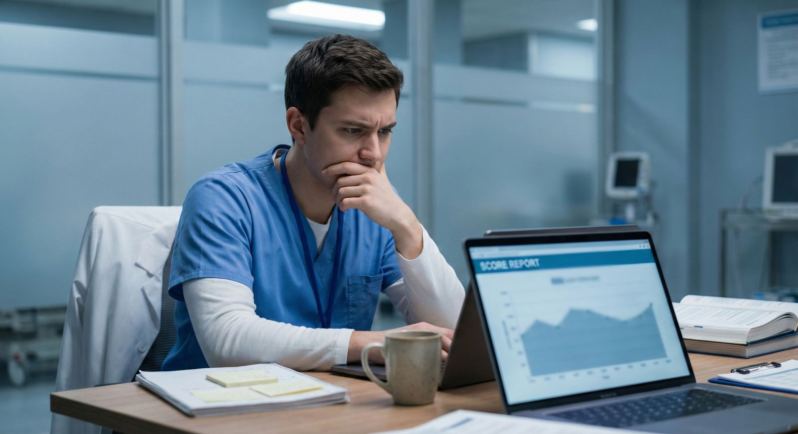 Resident looking frustrated while reviewing a low Step 3 practice score report -  for How Over-Reliance on Step 2 CK Notes Sa