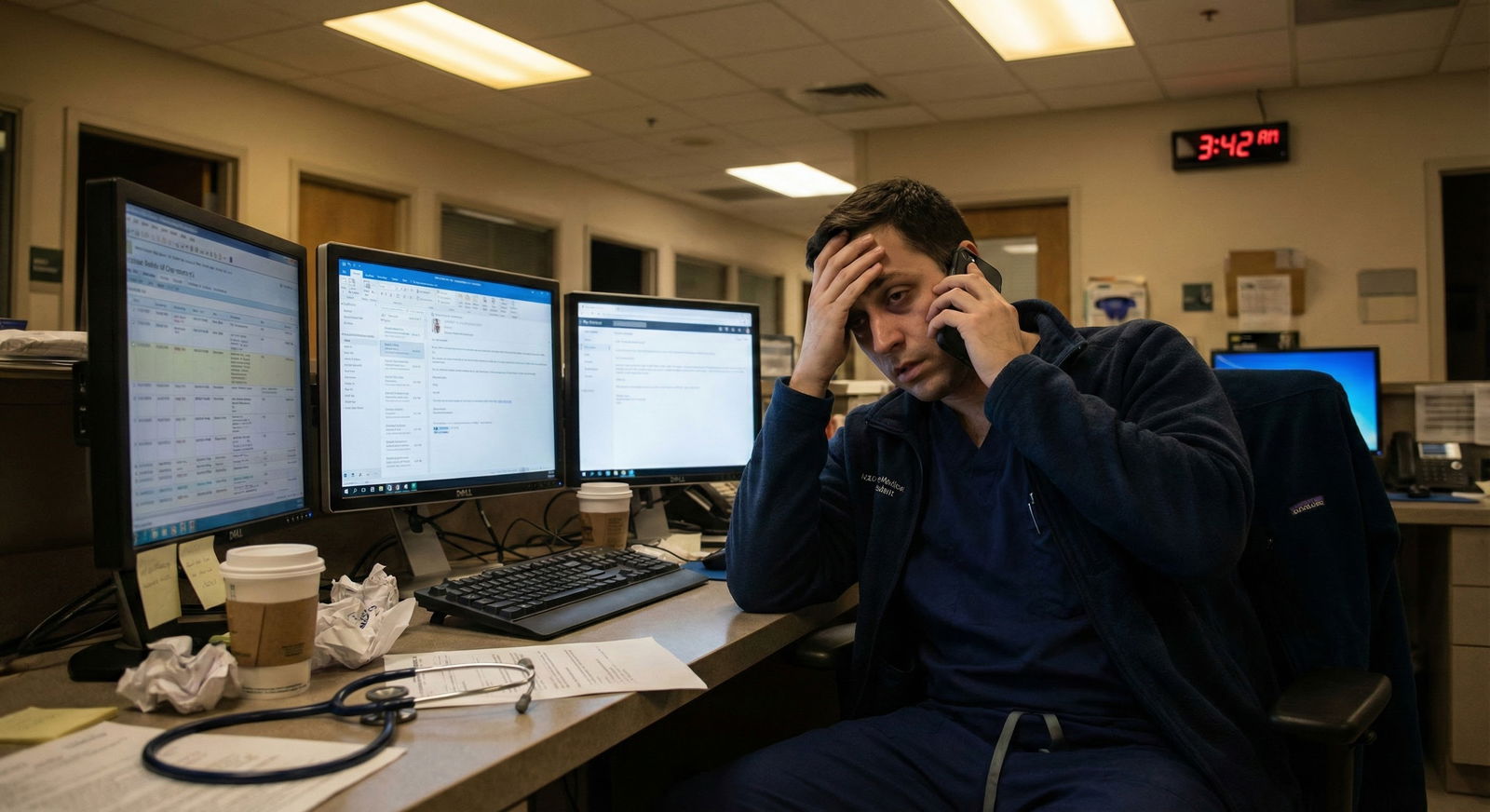 Resident making a phone call from a hospital workroom at night Resident making a phone call from a hospital workroom at night - for When Should You Wake Your Attending Up on Call? A Clear