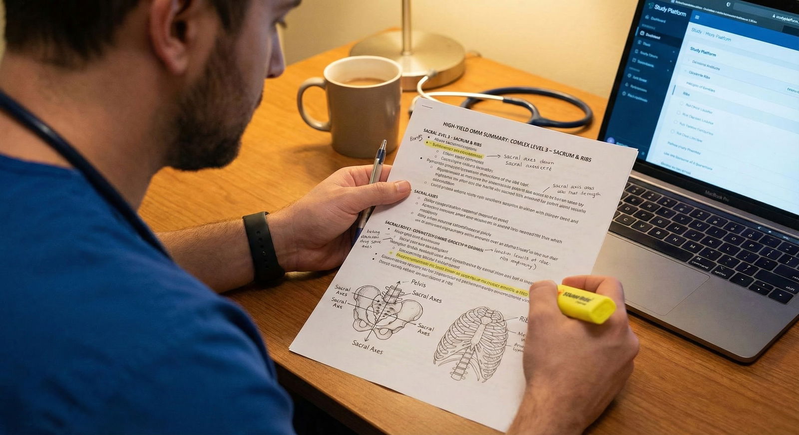 Resident marking high-yield OMM notes in a notebook -  for COMLEX Level 3 OMM: The Manipulation Set-Ups They Keep Reusing