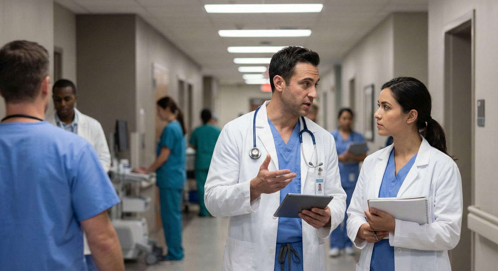 Medical trainee meeting with multiple mentors around a table -  for How Many Mentors Do I Really Need at Each Stage of Medica