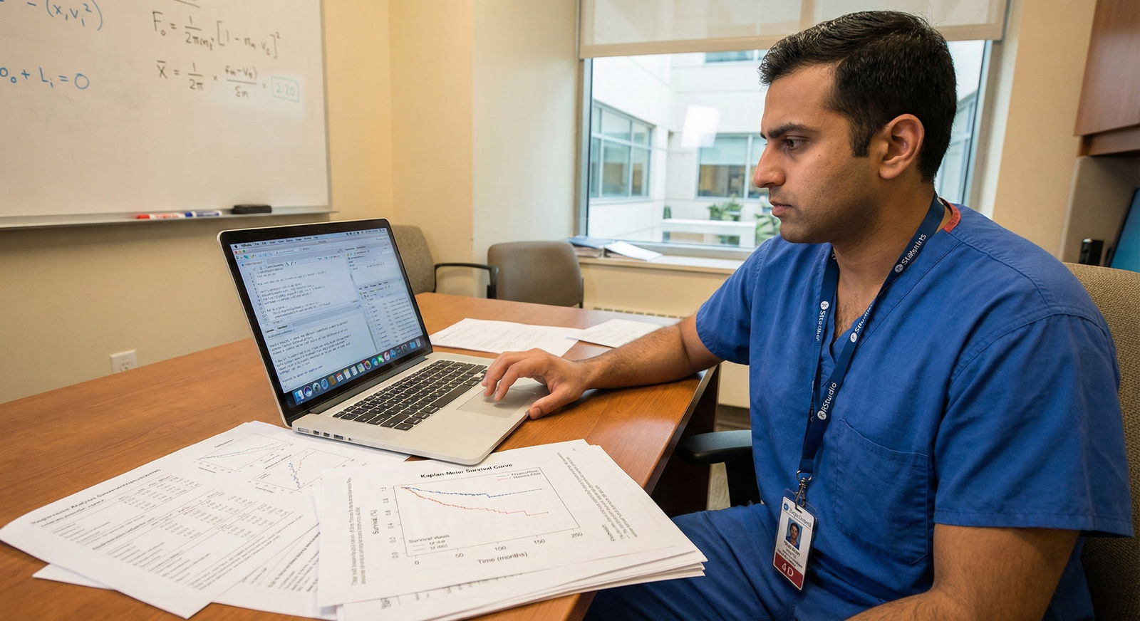 Medical resident sitting late at night reviewing CV and research files on a laptop, looking anxious -  for No Publications by
