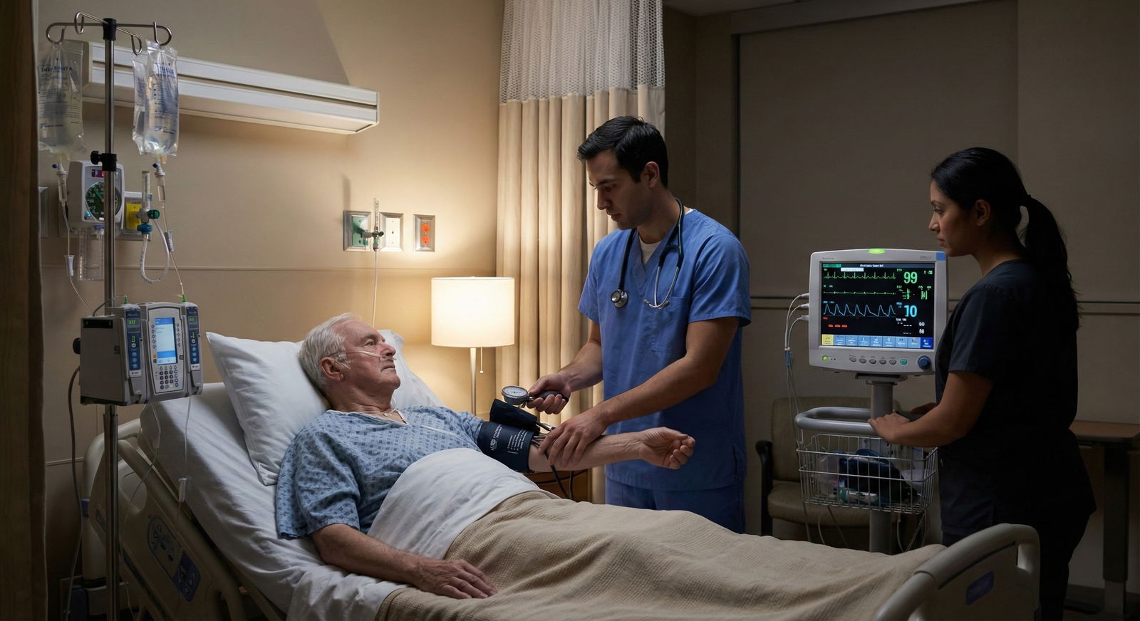 Resident performing bedside assessment of a hypotensive patient with nurse assistance -  for A Practical Algorithm for Handli