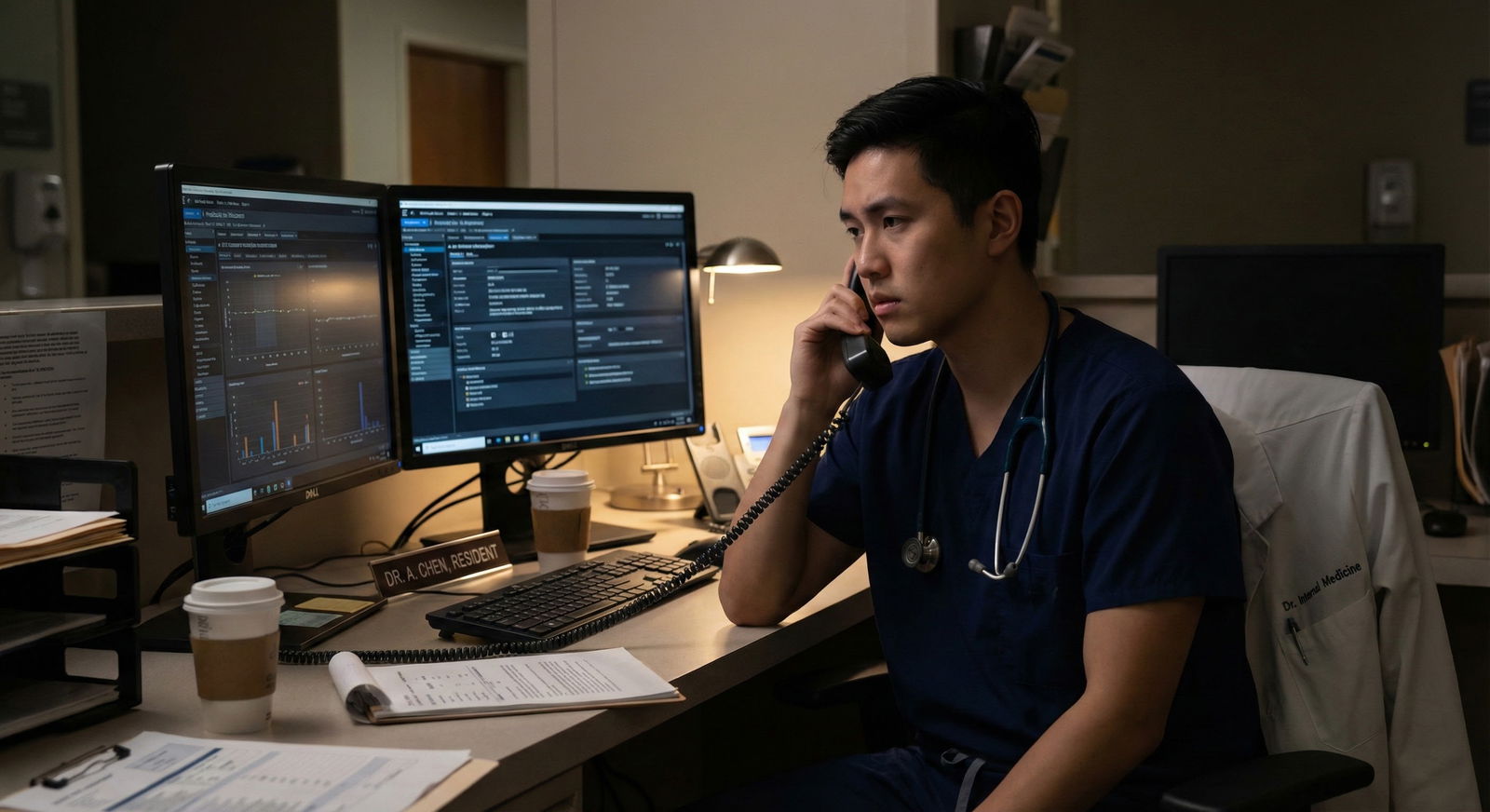 Resident physician discussing a challenging case over the phone -  for What’s the Right Way to Refuse an Inappropriate Overni