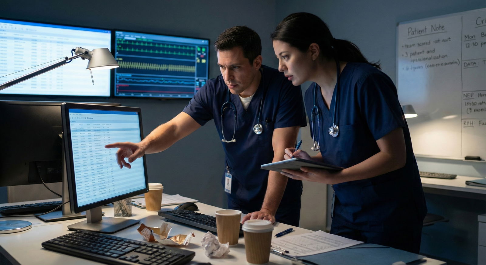 Resident physician giving detailed night shift sign-out in hospital workroom Resident physician giving detailed night shift sign-out in hospital workroom - for Advanced Sign-Out for Nights: Anticipator