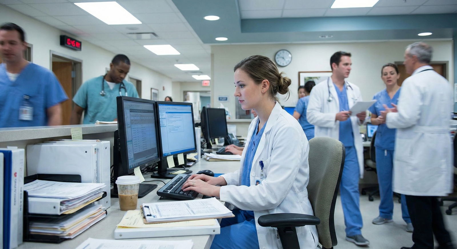 Resident physician in a busy hospital charting carefully while a chaotic team works in the background -  for If Your Senior I
