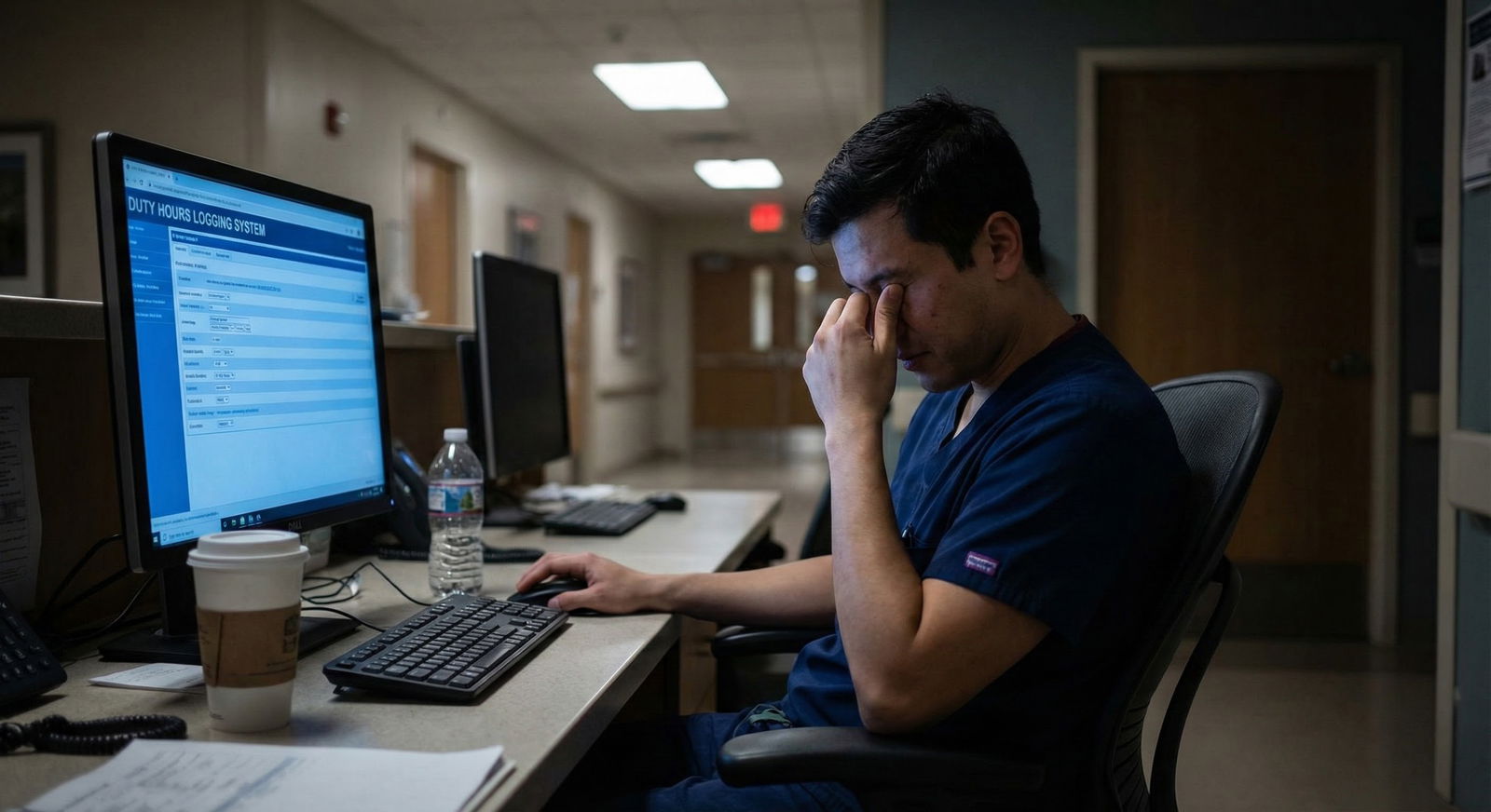 Resident physician looking at computer duty hour log late at night -  for Should You Ever Under-Report Duty Hours? Ethical an